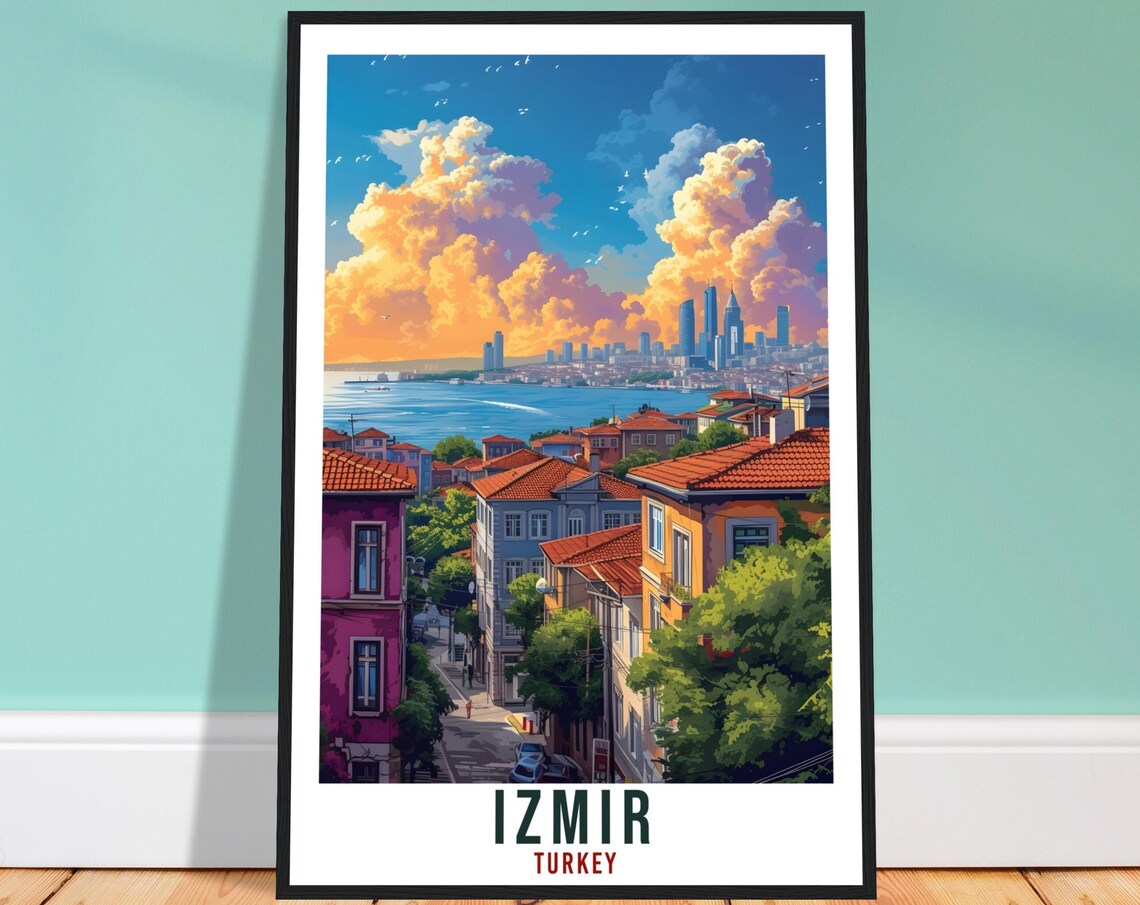 Izmir Turkey Waterfront Old Town Skyline Across the Bay Travel Poster