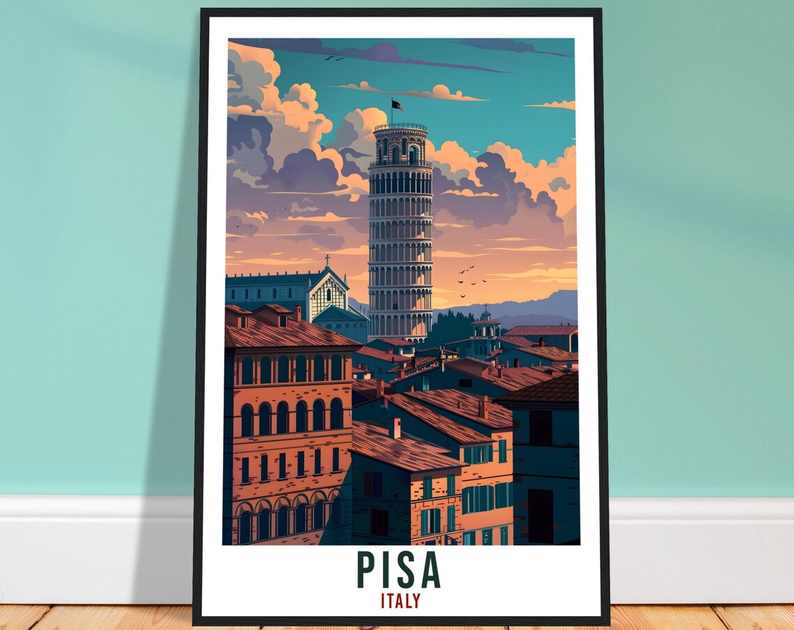 Pisa Leaning Tower Tuscan Sunset Italy Vintage Landmark Travel Poster