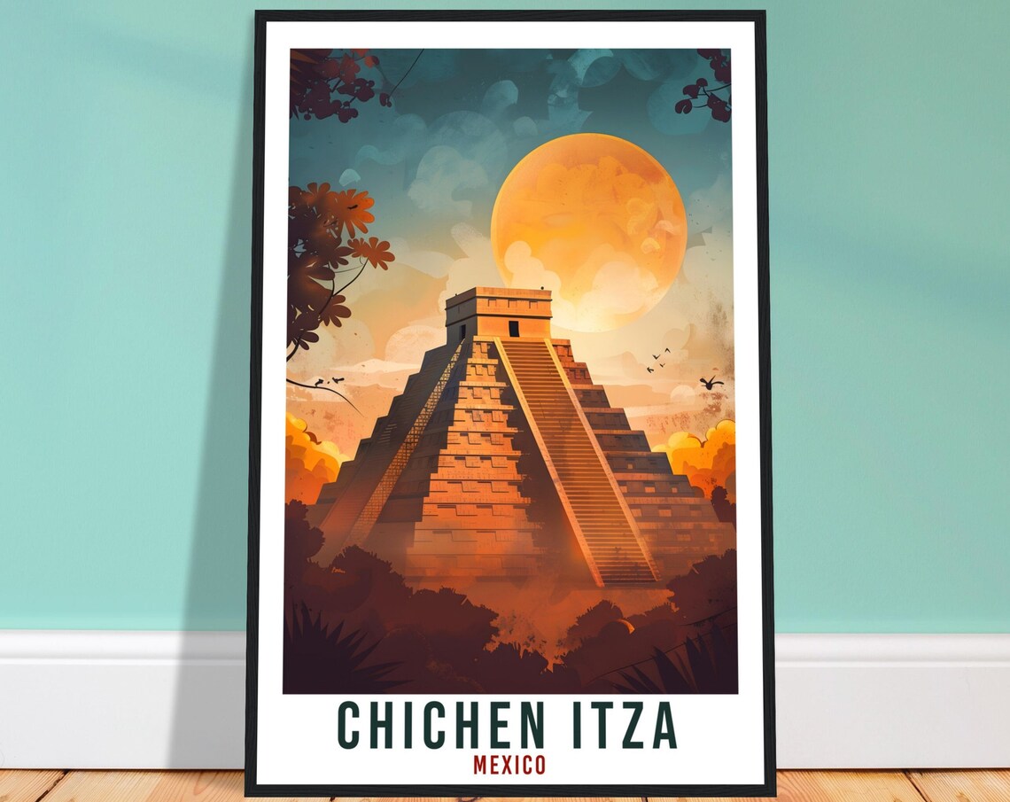 Chichen Itza Mexico Mayan Pyramid Sunset El Castillo Travel Poster
