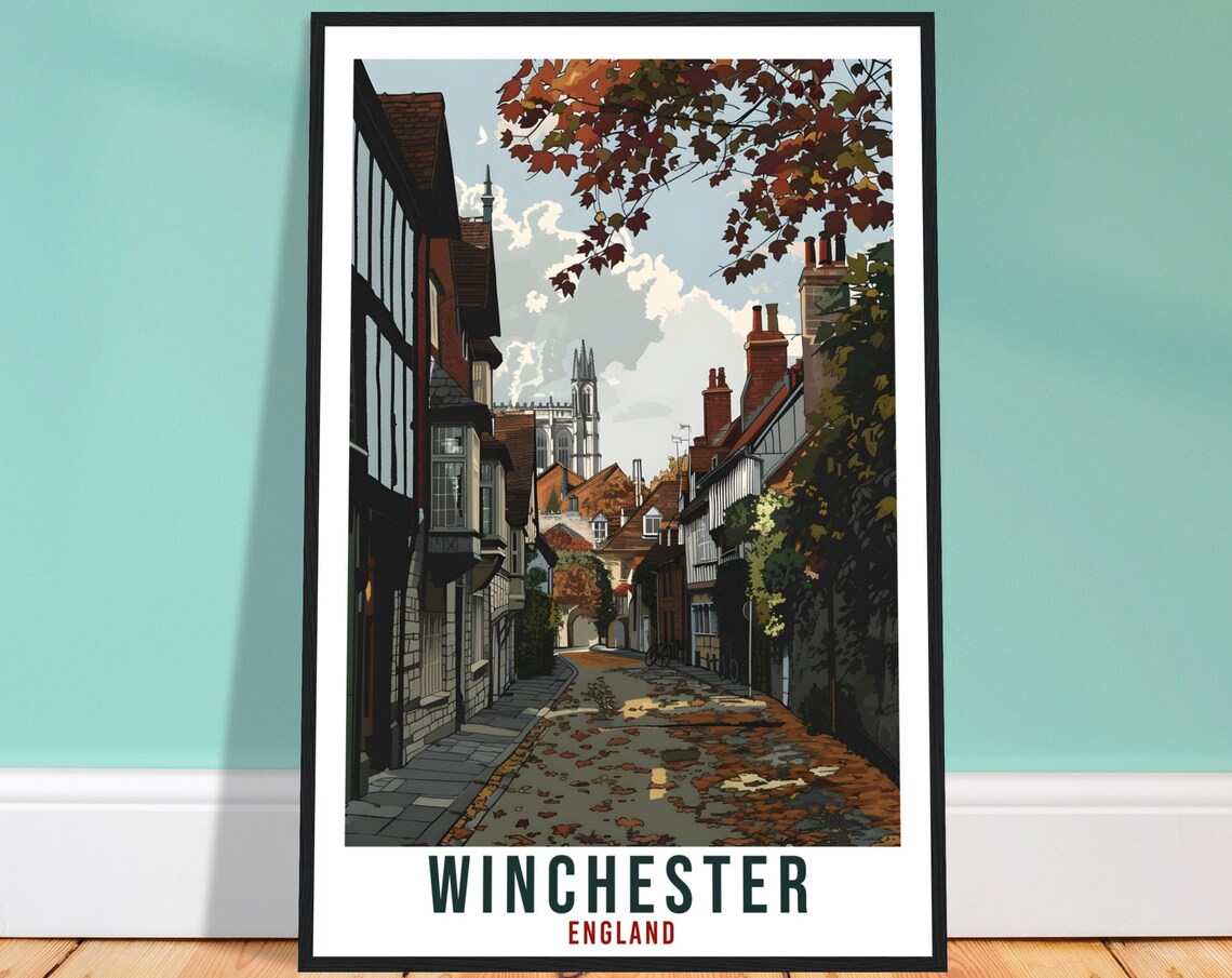 Winchester England Autumn Cathedral Street Vintage Travel Poster