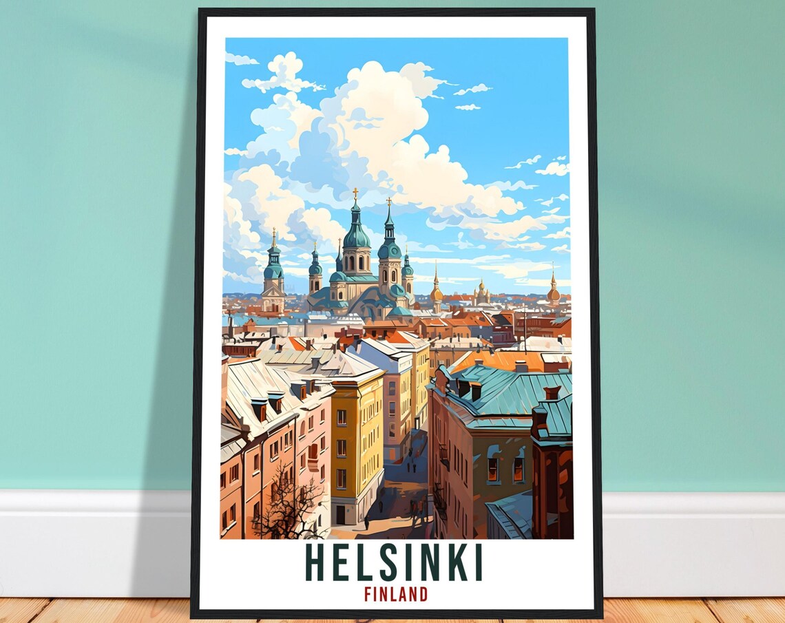 Helsinki Finland Onion Dome Cathedral Cityscape Vintage Travel Poster