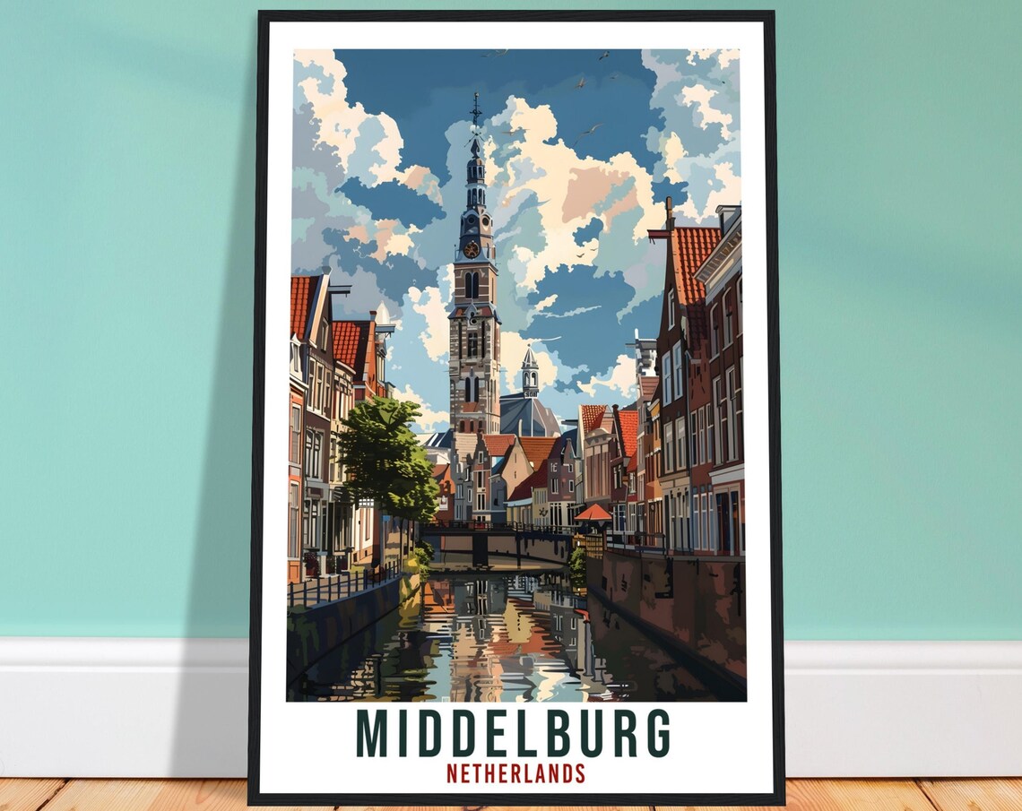 Middelburg Netherlands Historic Canal Church Tower Travel Poster