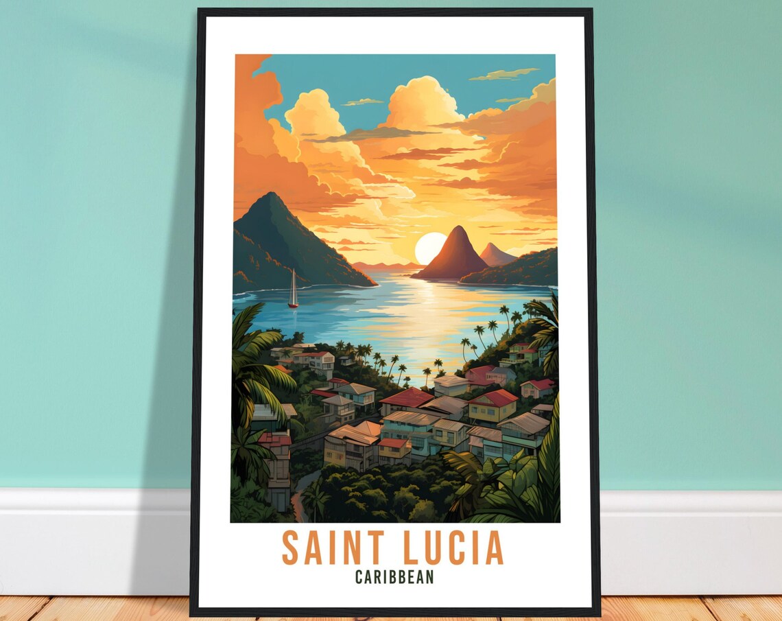 Saint Lucia Caribbean Sunset Pitons Harbor Town Travel Poster