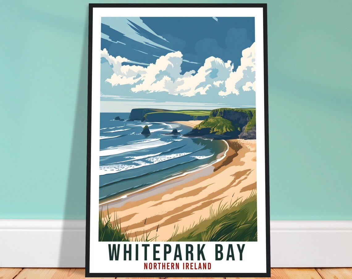 Whitepark Bay Northern Ireland Beach Retro Cliffs Travel Poster