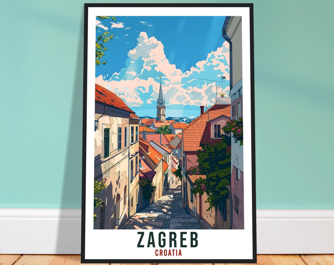 Zagreb Croatia Old Town Street Scene Bright Vintage Travel Poster