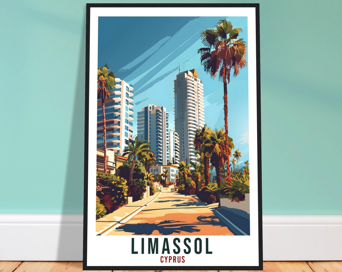 Limassol Cyprus Palm Lined Avenue Modern High Rises Travel Poster