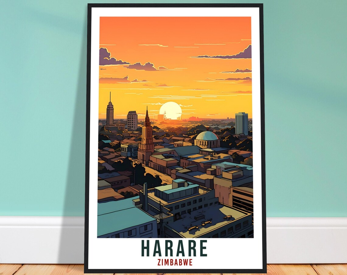 Harare Zimbabwe City Skyline Orange Sunset Towers Travel Poster
