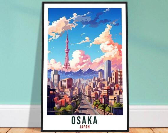Osaka Japan City Skyline Tsutenkaku Tower Sunset Travel Poster