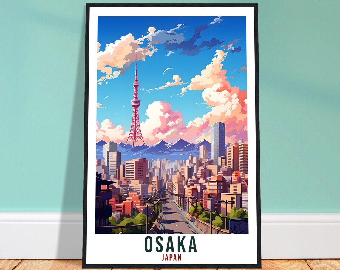 Osaka Japan City Skyline Tsutenkaku Tower Sunset Travel Poster