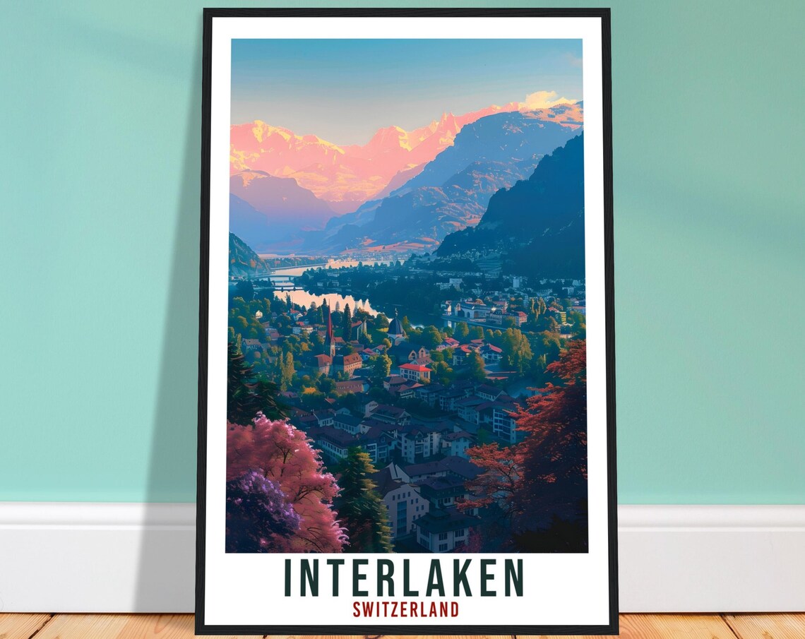 Interlaken Switzerland Alpine Town Valley Vintage Travel Poster