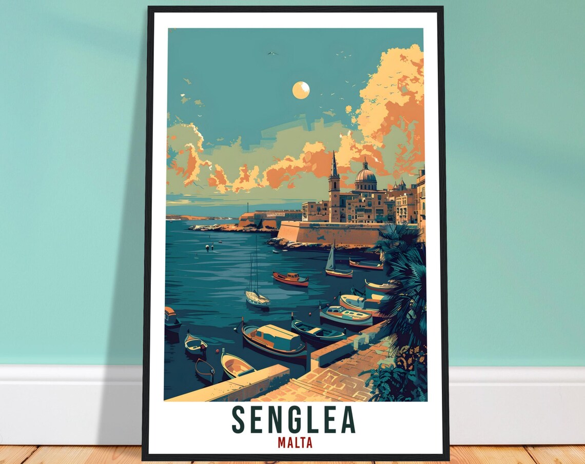 Senglea Malta Old Waterfront Boats Church Retro Travel Poster