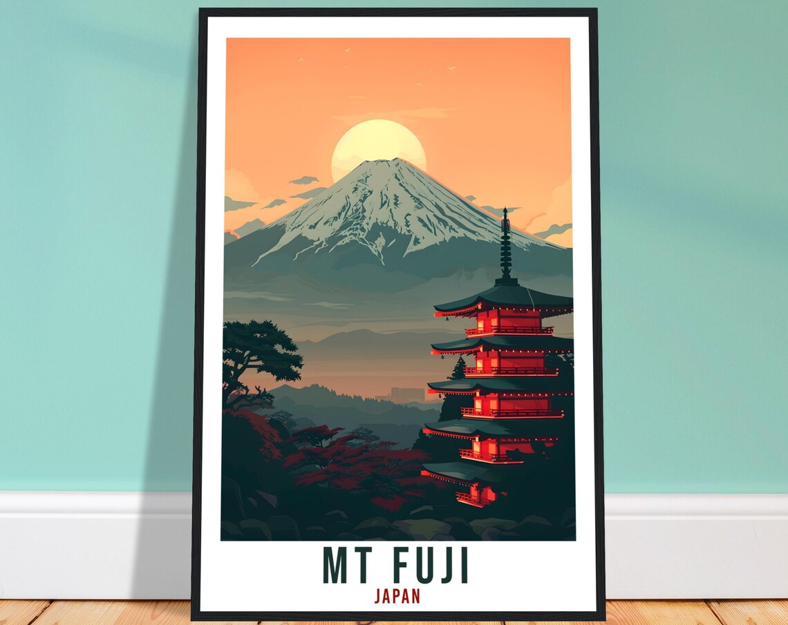 Mount Fuji Japan Chureito Pagoda Red Temple Sunset Travel Poster