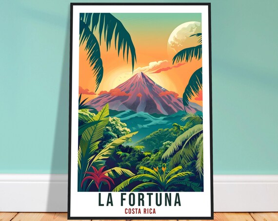 La Fortuna Volcano Sunset Moonrise Jungle Foliage Costa Rica Travel Poster
