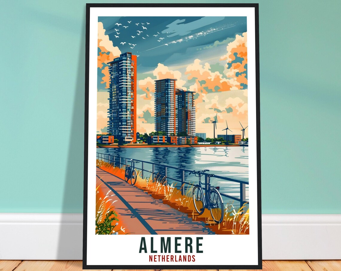 Almere Netherlands Modern Towers Lakeside Bike Path Travel Poster