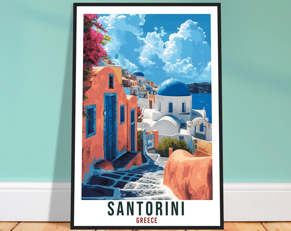 Santorini Greece Blue Domes Whitewashed Houses Travel Poster