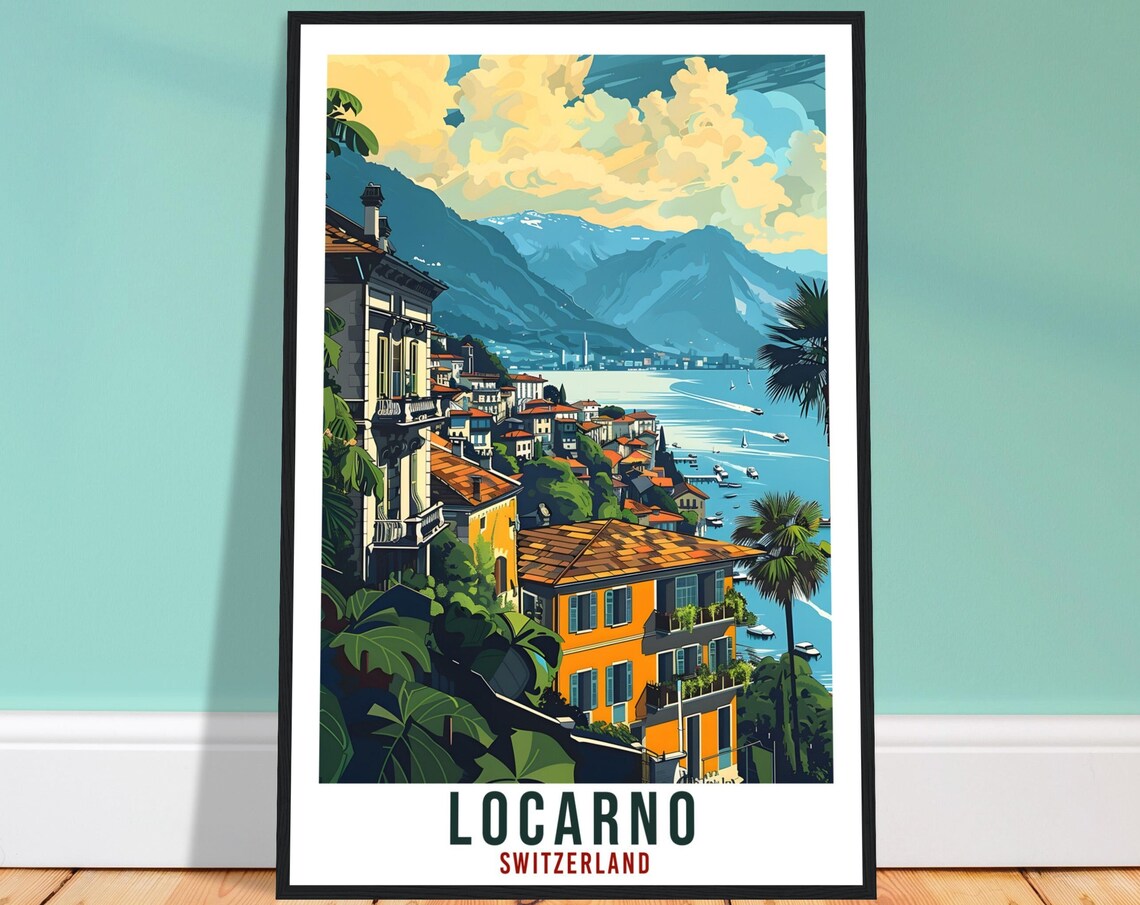 Locarno Switzerland Lake Town Palms Mountain Shore Travel Poster