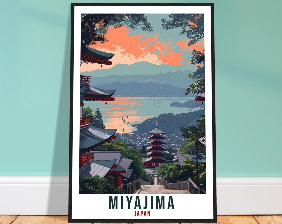 Miyajima Japan Red Pagoda Temple Sunset Over the Sea Travel Poster