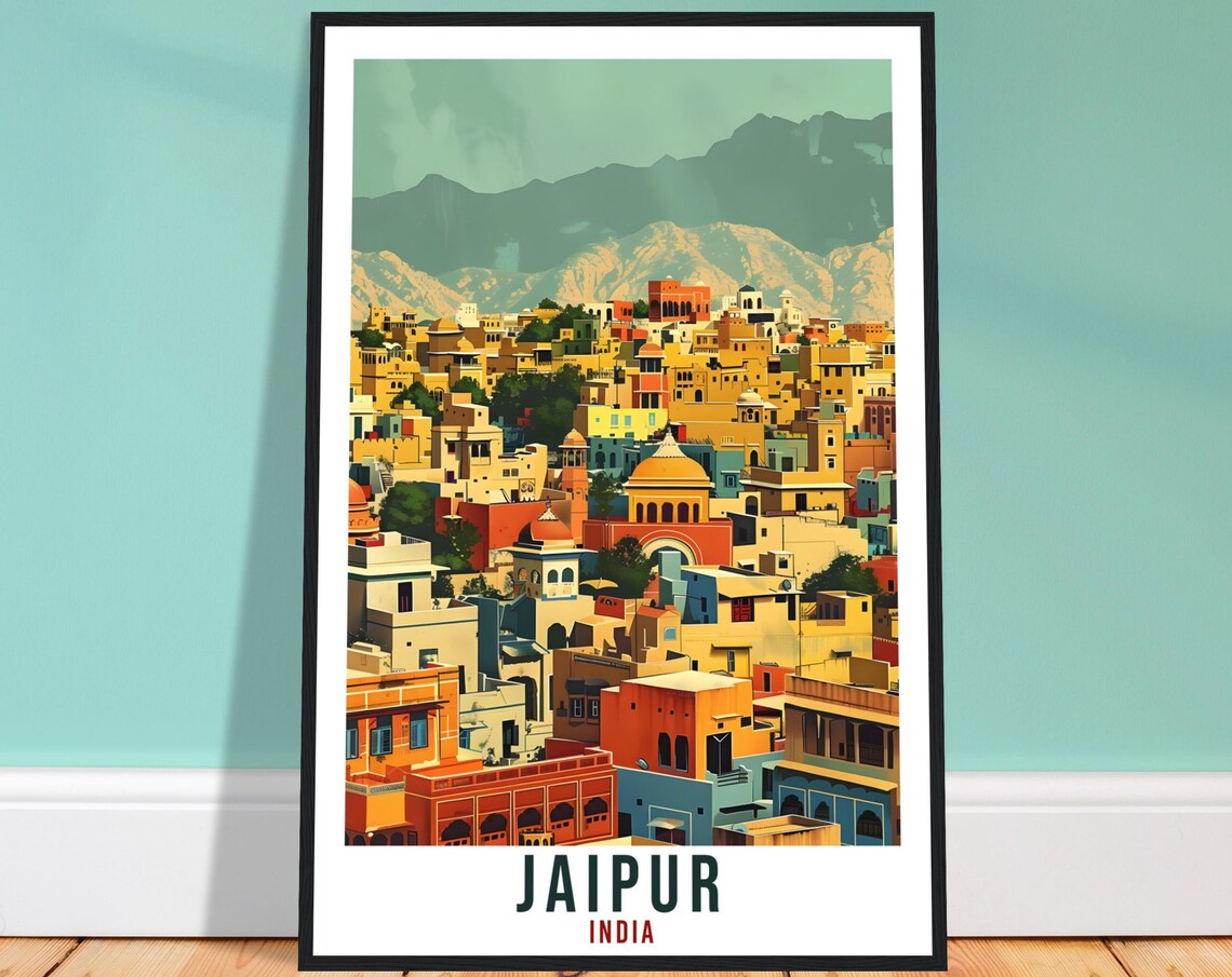 Jaipur India Pink City Old Town Mountains Vintage Travel Poster