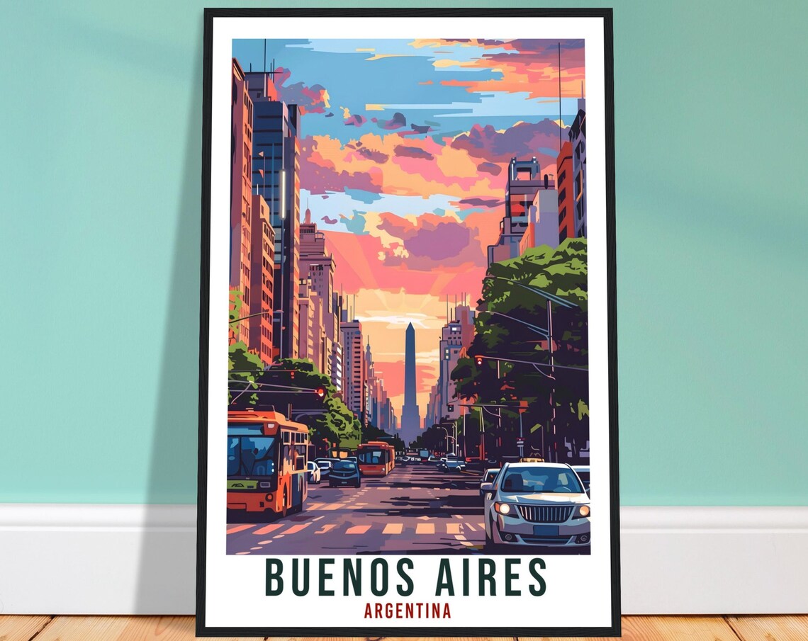 Buenos Aires Argentina Avenue Sunset Buses Obelisk Travel Poster
