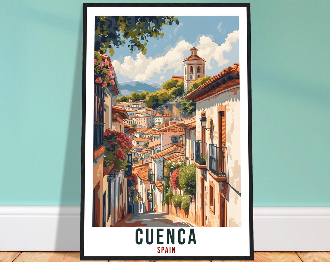 Cuenca Spain Old Town Cobblestone Street Vintage Travel Poster