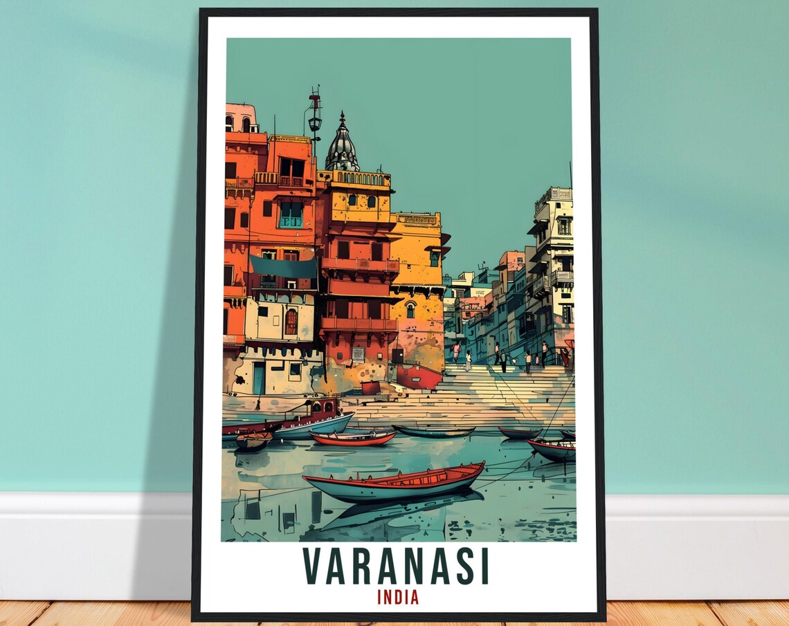 Varanasi India Riverside Ghats Boats Colorful Buildings Travel Poster