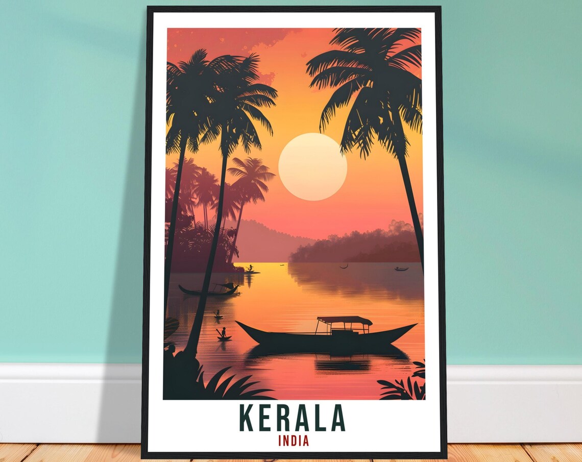 Kerala India Palm Trees Sunset Backwater Boats Travel Poster