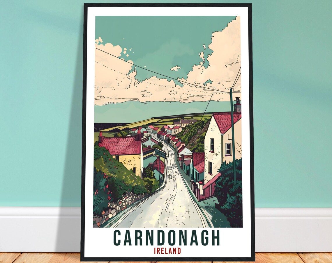 Carndonagh Winding Hill Road Village Red Roofs Ireland Travel Poster