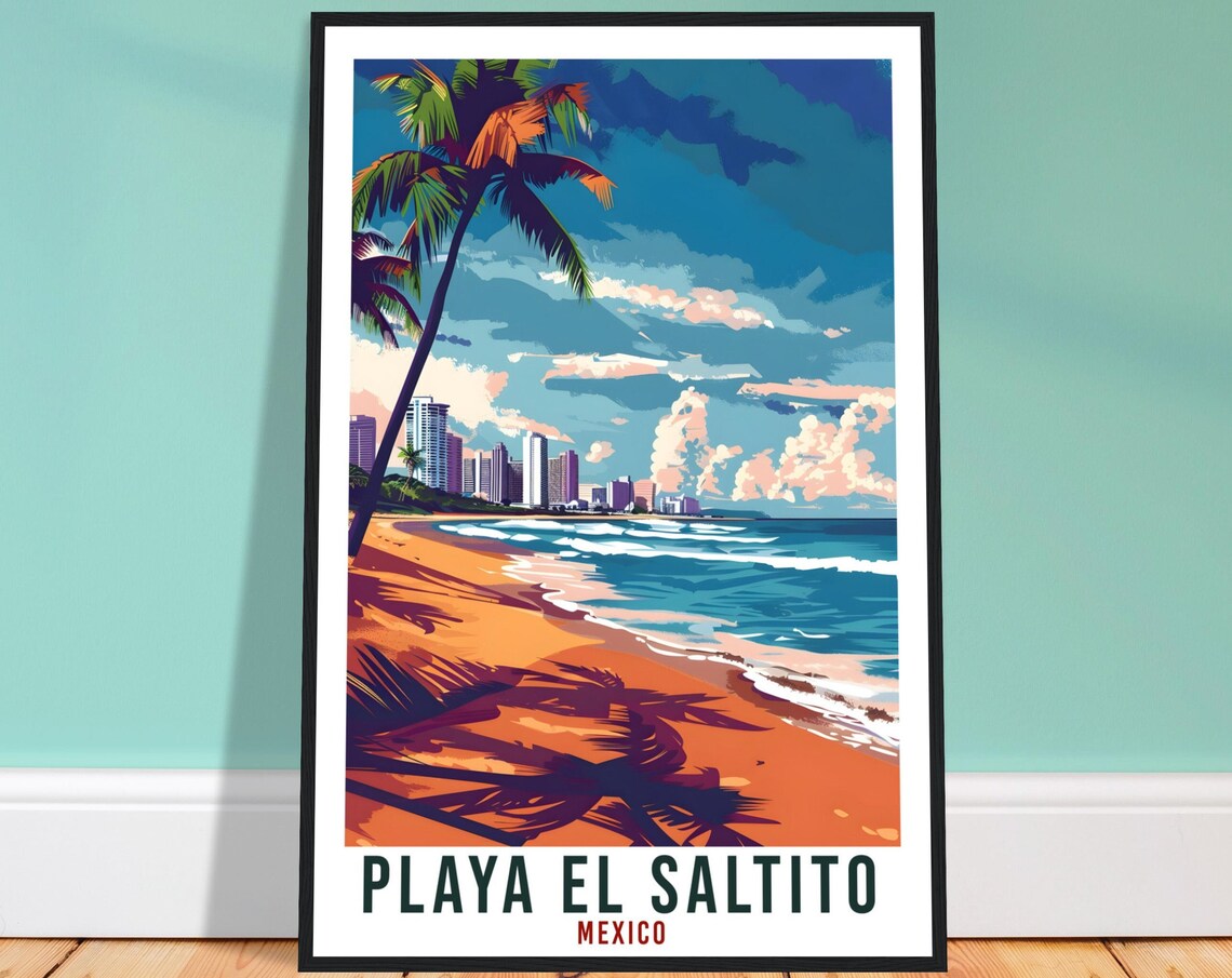 Playa El Saltito Mexico Golden Beach City Skyline Palm Shadow Art Poster