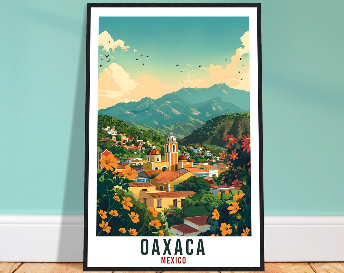 Oaxaca Mexico Colonial Town Church Dome Mountains Flower Foreground Poster