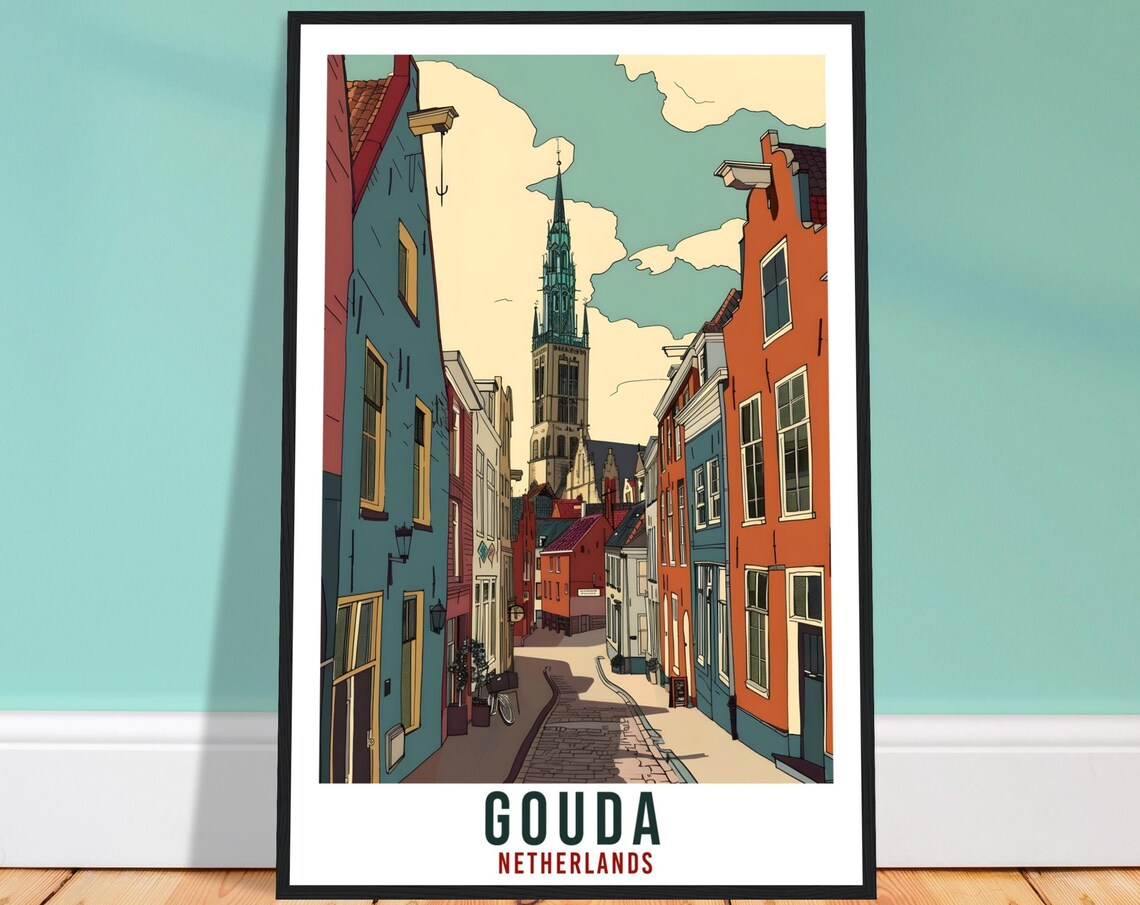 Gouda Netherlands Church Tower Street Vintage Travel Poster Holland