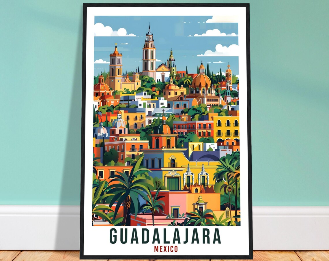 Guadalajara Mexico Palm Trees Colonial Cityscape Travel Poster