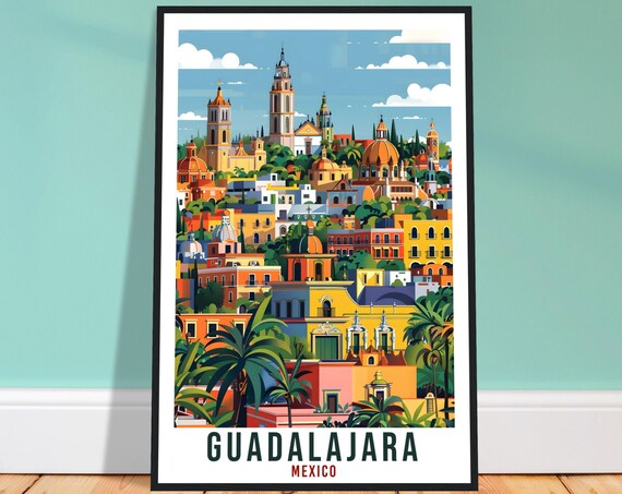 Guadalajara Mexico Palm Trees Colonial Cityscape Travel Poster
