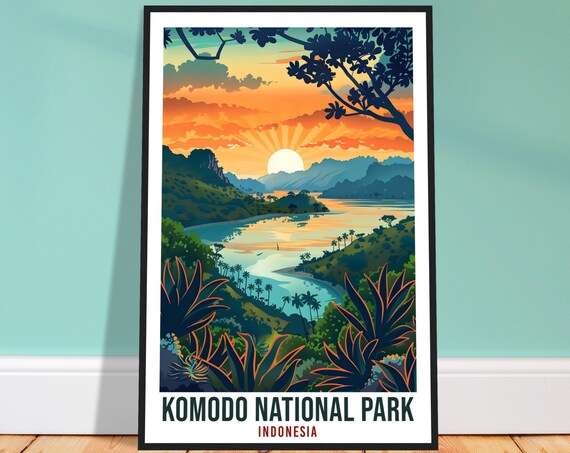 Komodo National Park Indonesia Sunset Bay View Travel Poster