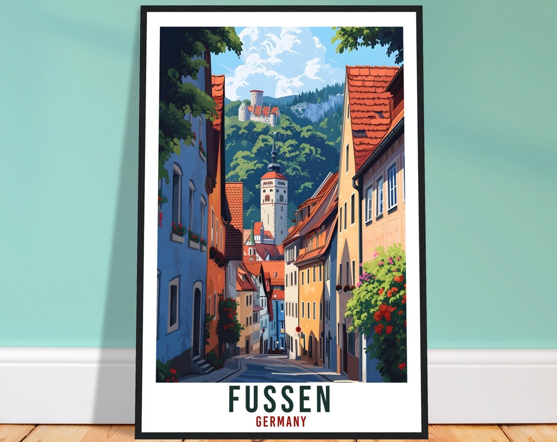 Fussen Germany Old Town Travel Poster Castle Hill Street Scene