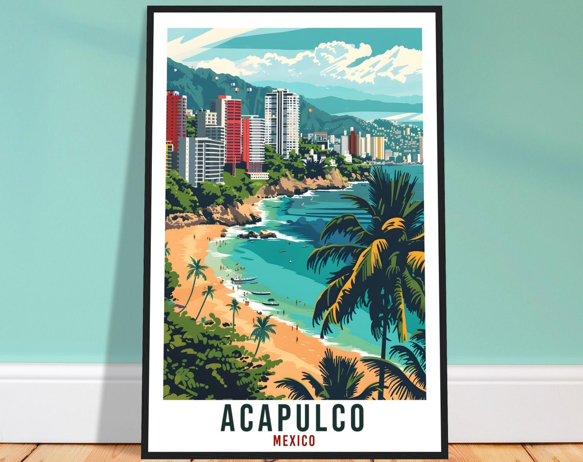 Acapulco Mexico Pacific Bay Beachfront High Rise Cliffs Palm Fronds Poster