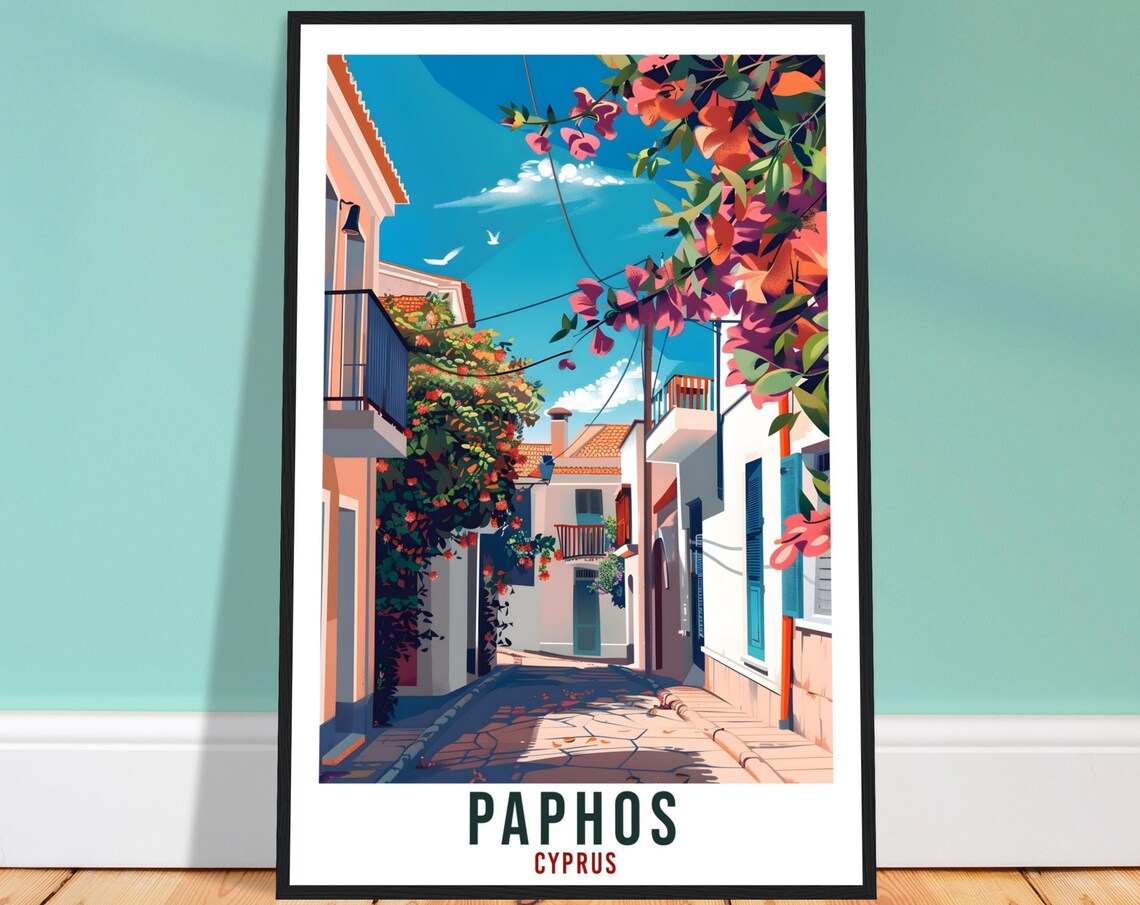 Paphos Cyprus Flower Lane Stone Path Village Bougainvillea Poster