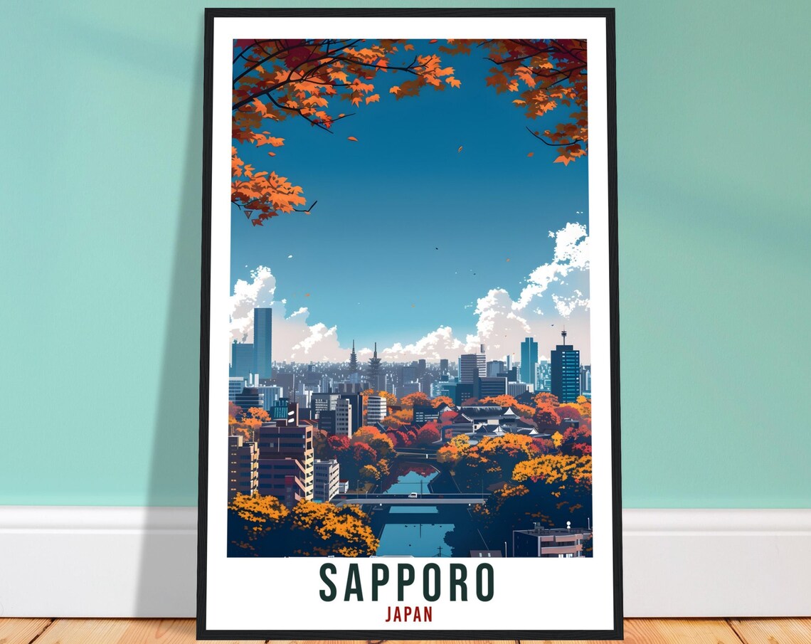 Sapporo Japan Autumn Foliage City Skyline River Travel Poster