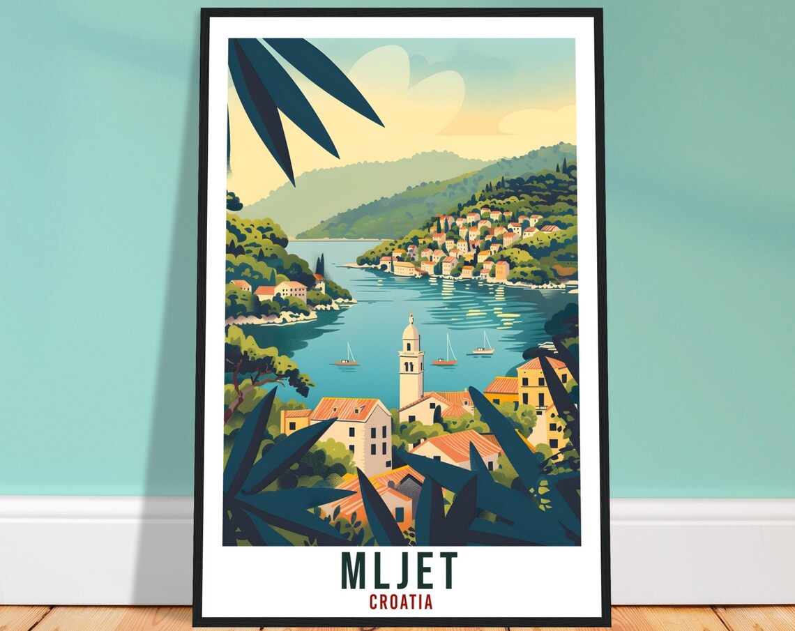 Mljet Croatia Vintage Travel Poster Island Bay and Church View