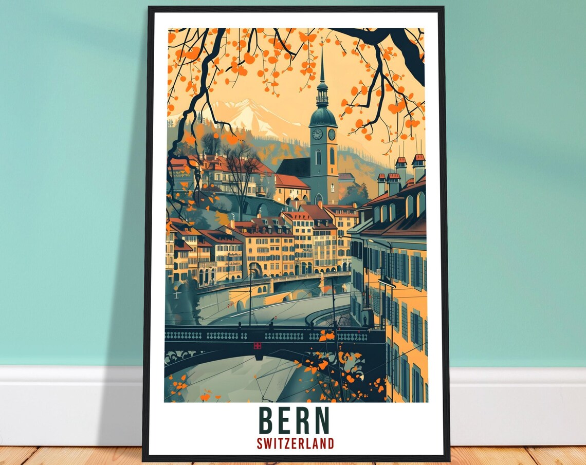 Bern Switzerland Old Town Clock Tower Bridge Vintage Travel Poster Art