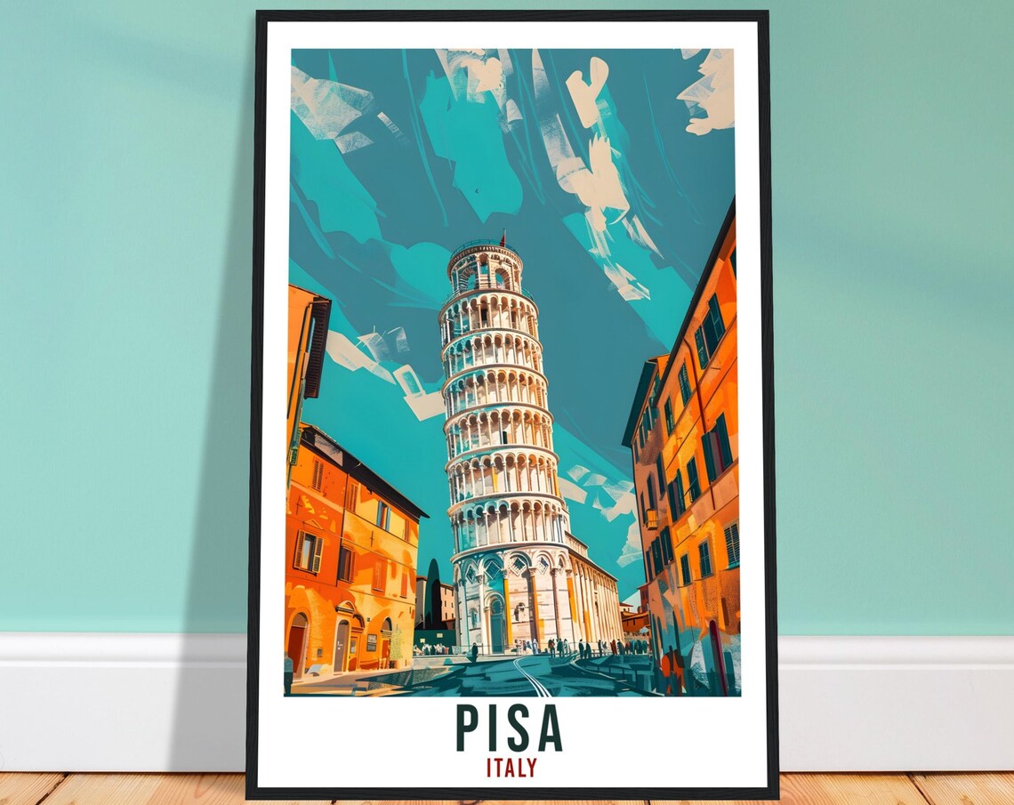Pisa Italy Famous Leaning Tower Under a Teal Sky Travel Poster