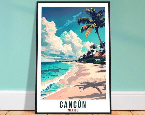 Cancun Mexico Turquoise Beach Palm Trees Vintage Travel Poster