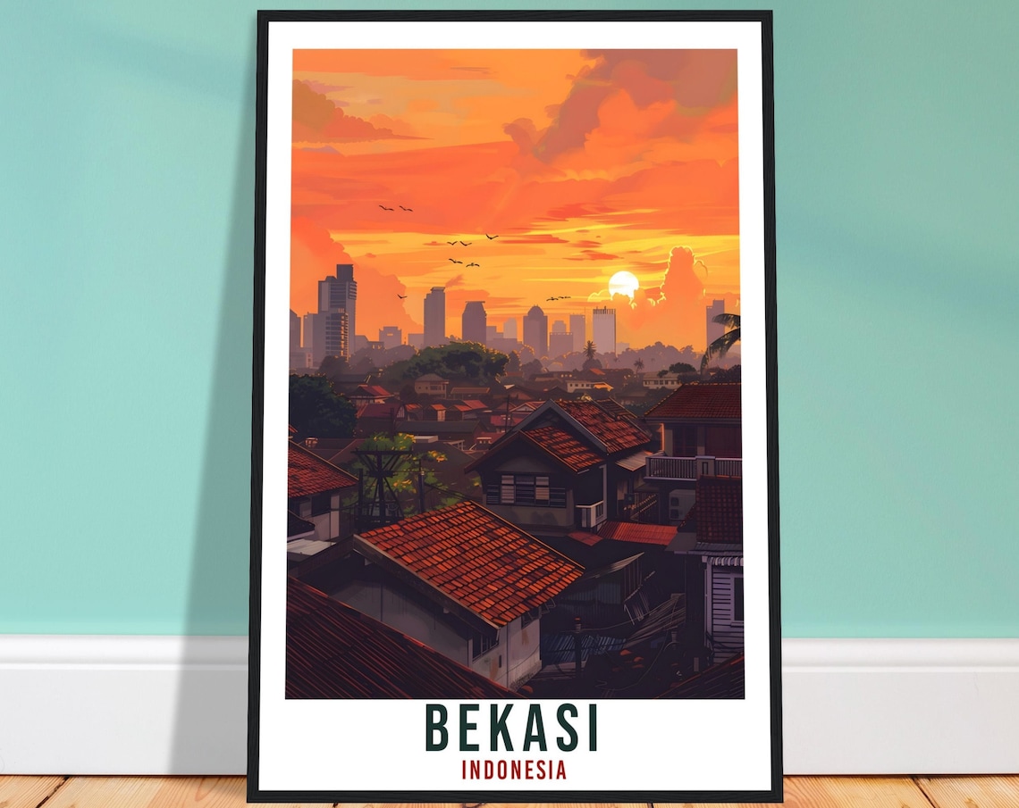 Bekasi Indonesia City Rooftops Orange Sunset Illustrated Art Poster