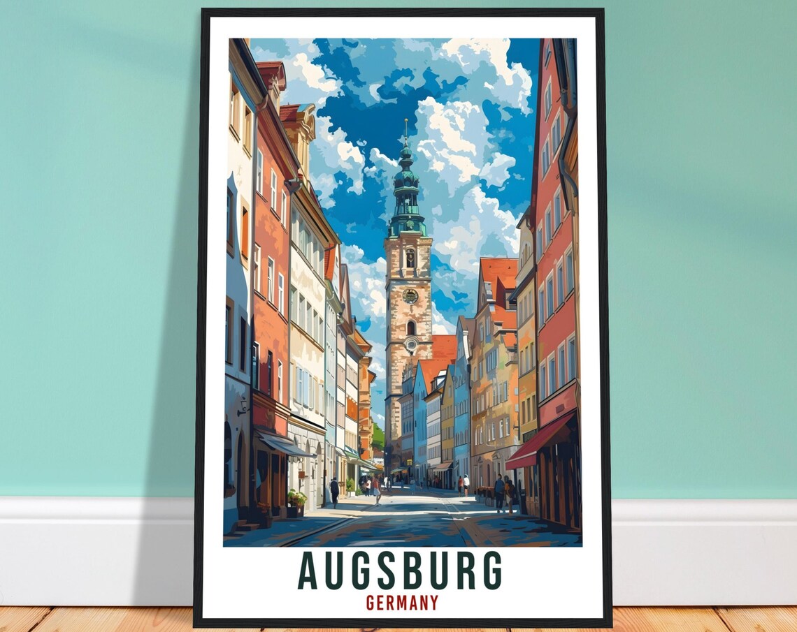 Augsburg Germany Old Town Clock Tower Vintage Street Travel Poster