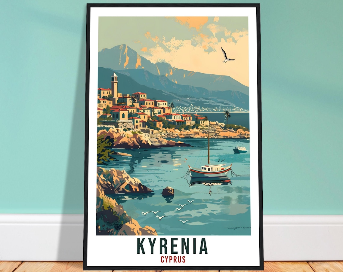 Kyrenia Cyprus Harbor Town Rocky Coast Boats Mountain View Poster