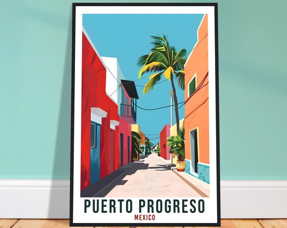 Puerto Progreso Mexico Colorful Street Retro Palm Travel Poster