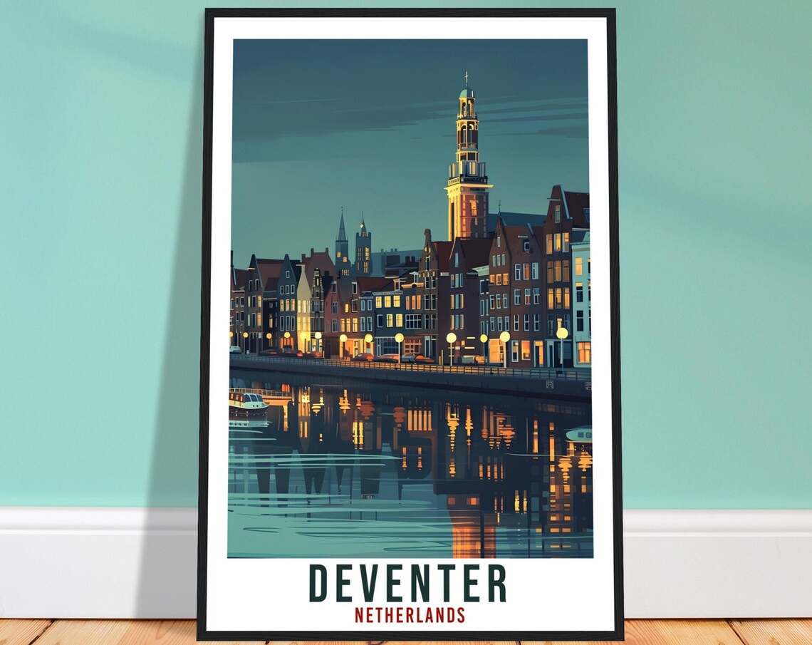 Deventer Netherlands Night River Vintage Travel Poster Church Tower