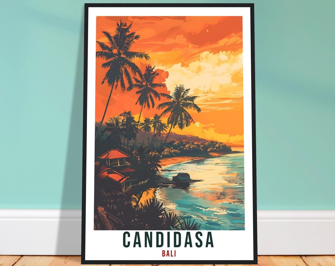 Candidasa Bali Sunset Palm Beach Illustrated Vintage Travel Poster