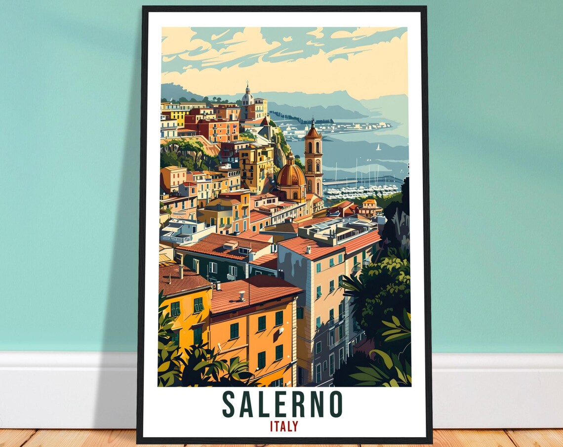 Salerno Italy Hillside Coastal Town Harbor View Travel Poster