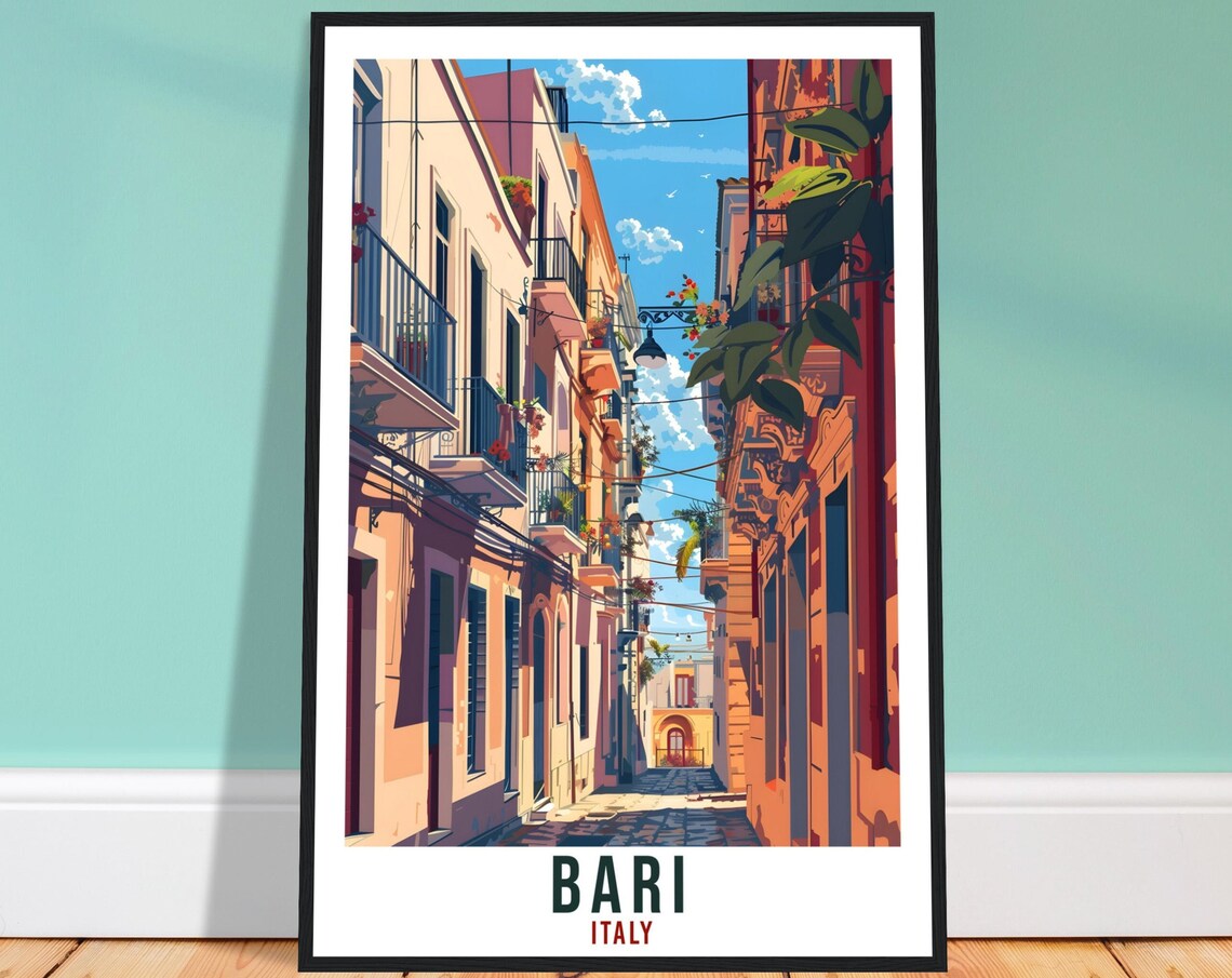 Bari Italy Old Town Balcony Street Mediterranean Vintage Travel Poster