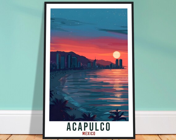 Acapulco Mexico Night Bay Skyline Retro Moonlit Travel Poster